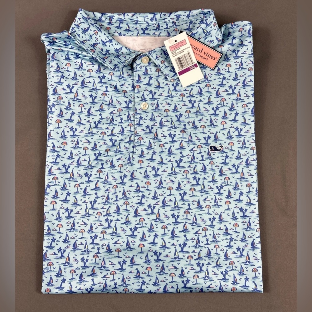 Vineyard Vines Golf Shirt Polo Atlantic Sailing Print XXL Blue Polyester